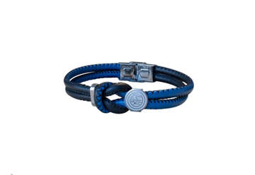 Immagine di Bracciale Inter in pelle, bicolore, con nodo, logo e chiusura in acciaio